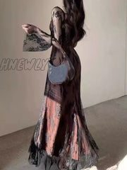 Hnewly Women’s Knitted Dress Lace Mesh Patchwork Long Sleeve Square Collar Up Sexy Mermaid Autumn