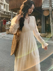 Hnewly Women’s Midi Dress Elegant V-Neck Pleated High Waist A-Line Casual Party Vestidos Fashion