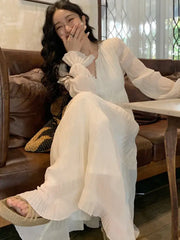 Hnewly Women’s Midi Dress Elegant V-Neck Pleated High Waist A-Line Casual Party Vestidos Fashion