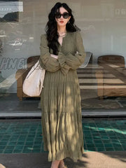 Hnewly Women’s Midi Dress Elegant V-Neck Pleated High Waist A-Line Casual Party Vestidos Fashion