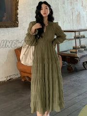 Hnewly Women’s Midi Dress Elegant V-Neck Pleated High Waist A-Line Casual Party Vestidos Fashion