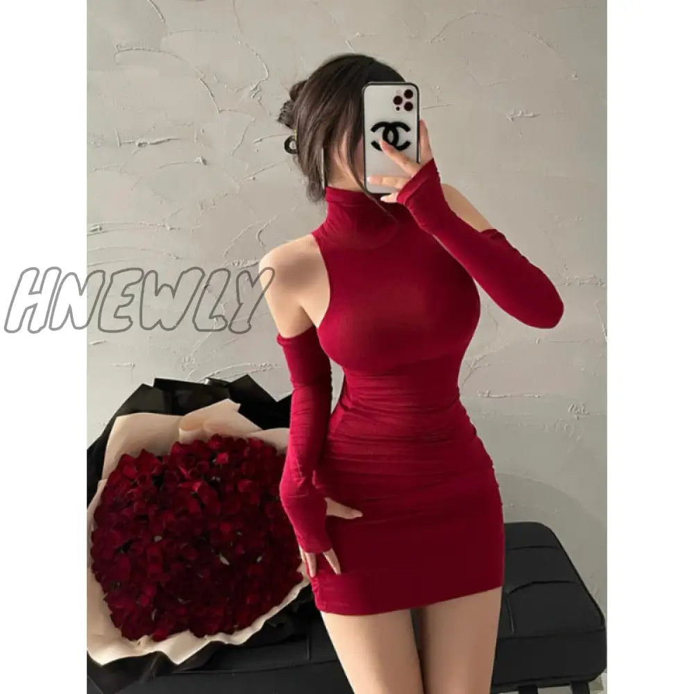 Hnewly Women’s Mini Dress Sleeveless Pleated Tight High Neck Lace Up Autumn Black Elastic Party