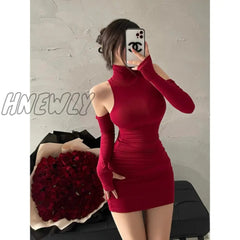 Hnewly Women’s Mini Dress Sleeveless Pleated Tight High Neck Lace Up Autumn Black Elastic Party