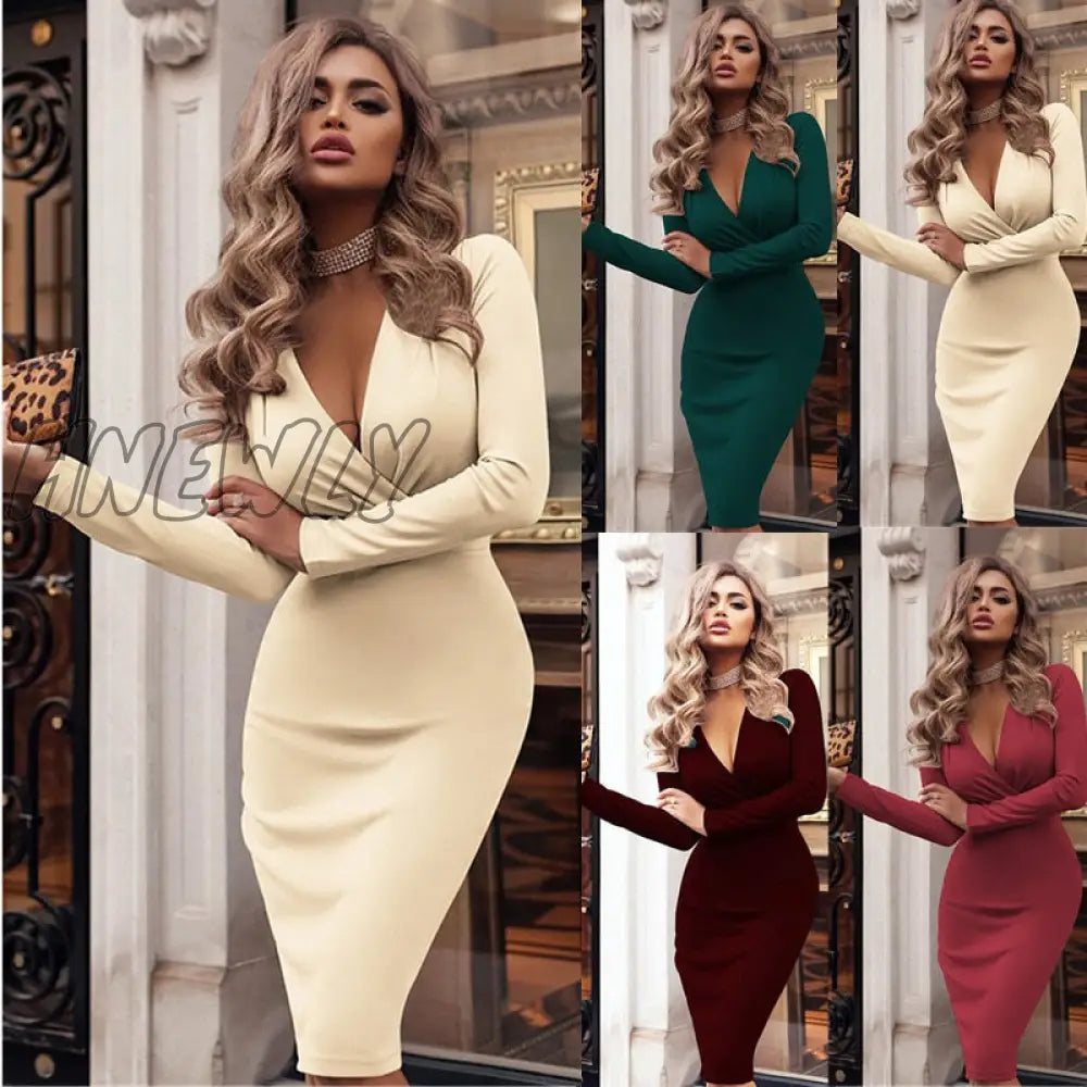 Hnewly Women’s New Fashion Clothing Sexy V - Neck Folds Buttocks Party Dress Elegant Temperament