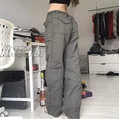 Hnewly Women’s Pants Gothic Punk Baggy Vintage Kawaii Trousers Bandage Low Waist Cargo Grunge