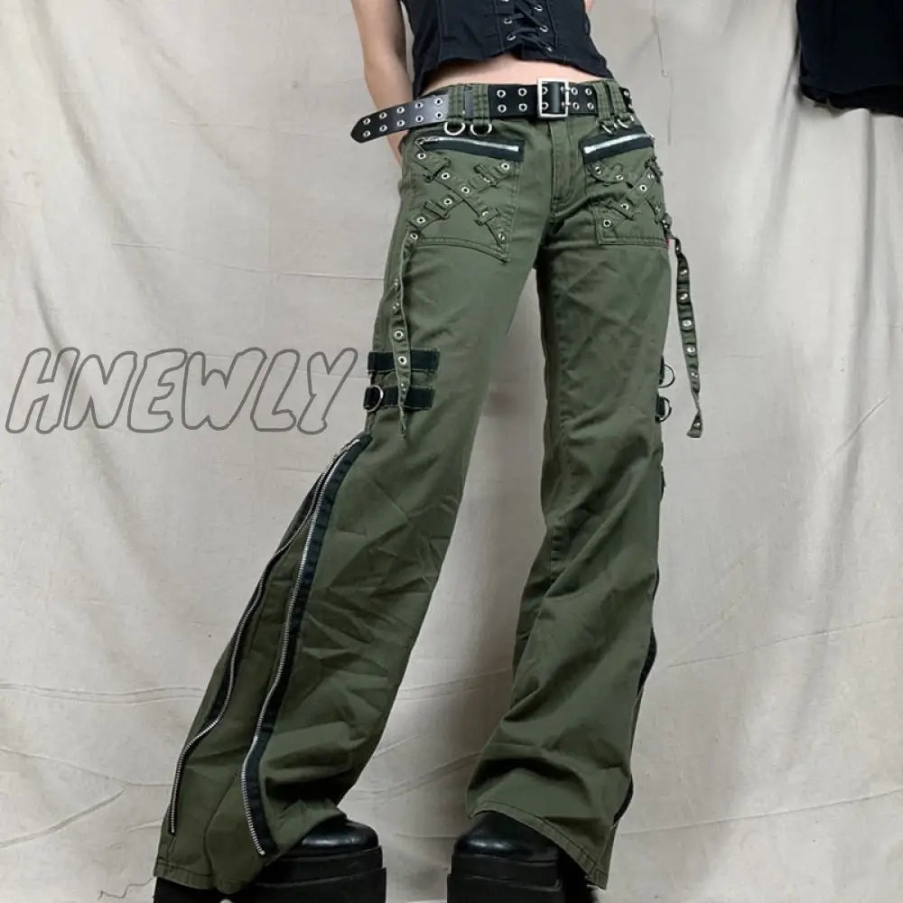Hnewly Women’s Pants Gothic Punk Baggy Vintage Kawaii Trousers Bandage Low Waist Cargo Grunge