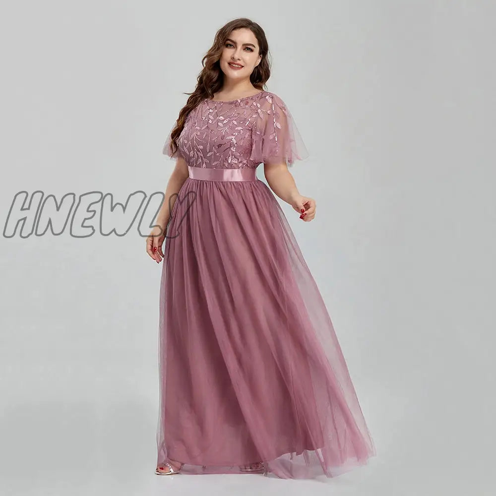 Hnewly Women’s Plus Size Mesh A-Line Sequin Embroidery Evening Dress Leaf Maxi Prom With Sleeves