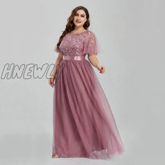Hnewly Women’s Plus Size Mesh A-Line Sequin Embroidery Evening Dress Leaf Maxi Prom With Sleeves