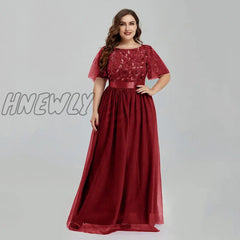 Hnewly Women’s Plus Size Mesh A-Line Sequin Embroidery Evening Dress Leaf Maxi Prom With Sleeves