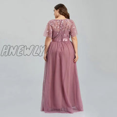 Hnewly Women’s Plus Size Mesh A-Line Sequin Embroidery Evening Dress Leaf Maxi Prom With Sleeves