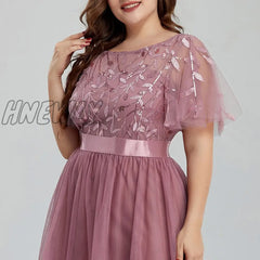 Hnewly Women’s Plus Size Mesh A-Line Sequin Embroidery Evening Dress Leaf Maxi Prom With Sleeves