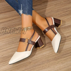 Hnewly Women’s Pointed Toe Block High Heel Sandals Fashion Solid Color Slingback Shoes Versatile