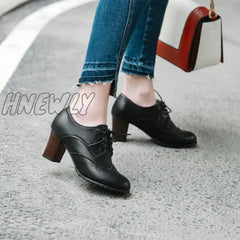Hnewly Women’s Pump Shallow Brogue Shoe Vintage Chunky Heel Cut Out Oxford Shoes Woman Lace Up