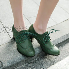 Hnewly Women’s Pump Shallow Brogue Shoe Vintage Chunky Heel Cut Out Oxford Shoes Woman Lace Up