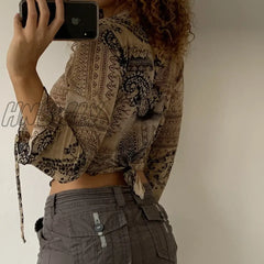 Hnewly Women’s Retro Street Fashion Classy Casual Long Sleeve T Shirt Abstract Print Lace Up V