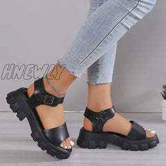 Women’s Sandal 2024 High Quality New Summer Outdoors Thick Heel Buckle Solid Color Non-Slip
