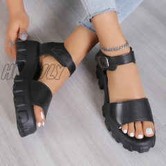 Women’s Sandal 2024 High Quality New Summer Outdoors Thick Heel Buckle Solid Color Non-Slip