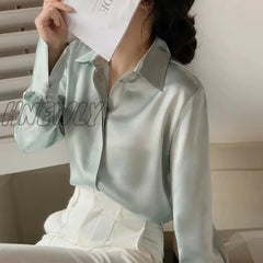 Hnewly Women’s Satin Blouse Long Sleeve French Fashion Solid Color Shirts Office Lady Clothes