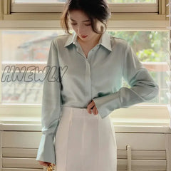 Hnewly Women’s Satin Blouse Long Sleeve French Fashion Solid Color Shirts Office Lady Clothes
