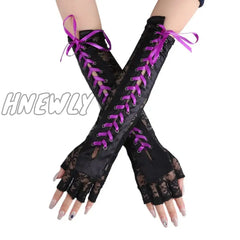 Hnewly Womens Sexy Elbow Length Punk Fingerless Lace Up Arm Warmer Gloves Black White,Halloween
