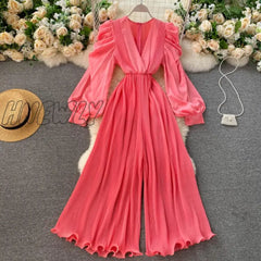 Hnewly Women’s Sexy Pleated Romper Autumn Solid Purple/Black/White Jumpersuit Female Ruffle Wide