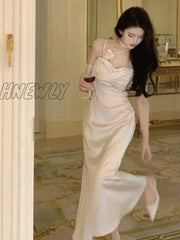 Hnewly Women’s Sexy Satin Midi Dress Slash Neck Slim Solid Elegant Camisole Dresses Evening Party