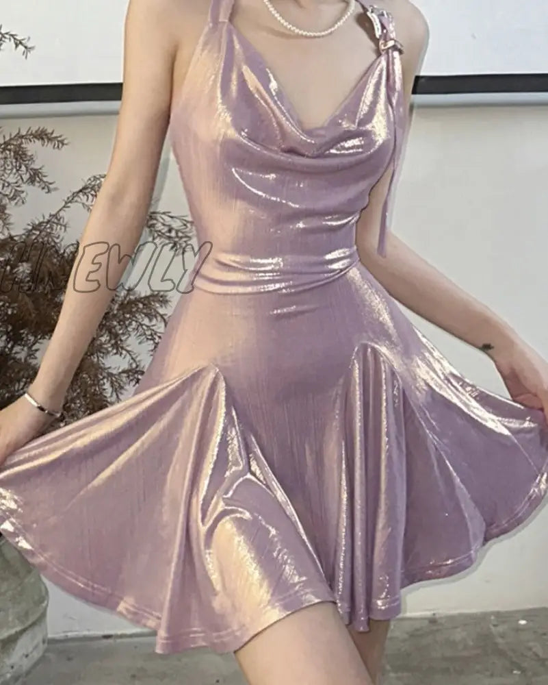 Hnewly Women’s Shiny Spaghetti Straps Backless Mini Dress Sexy Sleeveless Slim Halter Adjustable