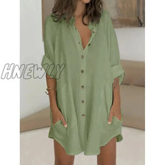 Hnewly Women’s Shirt Dress Casual Mini White Green Long Sleeve Pure Color Button Fall Spring