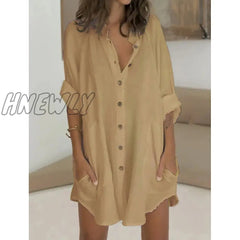 Hnewly Women’s Shirt Dress Casual Mini White Green Long Sleeve Pure Color Button Fall Spring