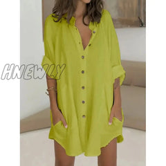 Hnewly Women’s Shirt Dress Casual Mini White Green Long Sleeve Pure Color Button Fall Spring