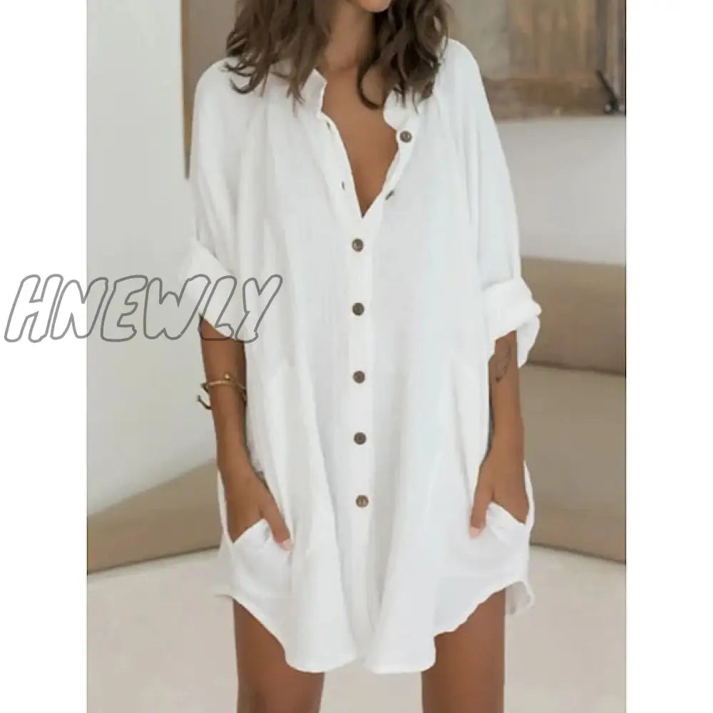 Hnewly Women’s Shirt Dress Casual Mini White Green Long Sleeve Pure Color Button Fall Spring