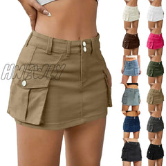 Hnewly Women’s Short Skirts Solid Color Workwear Mini Button Slim Fit Denim With Pockets Fashion