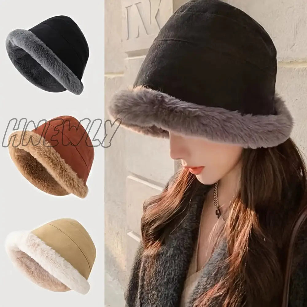 Hnewly Womenâs Simple Solid Color Windproof Thickened Warm Basin Hat Comfortable Ear Protection