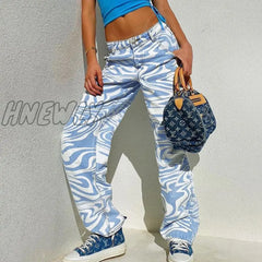 Hnewly Women’s Straight Leg Jeans Spring And Summer New Blue Animal Print Loose Street Casual