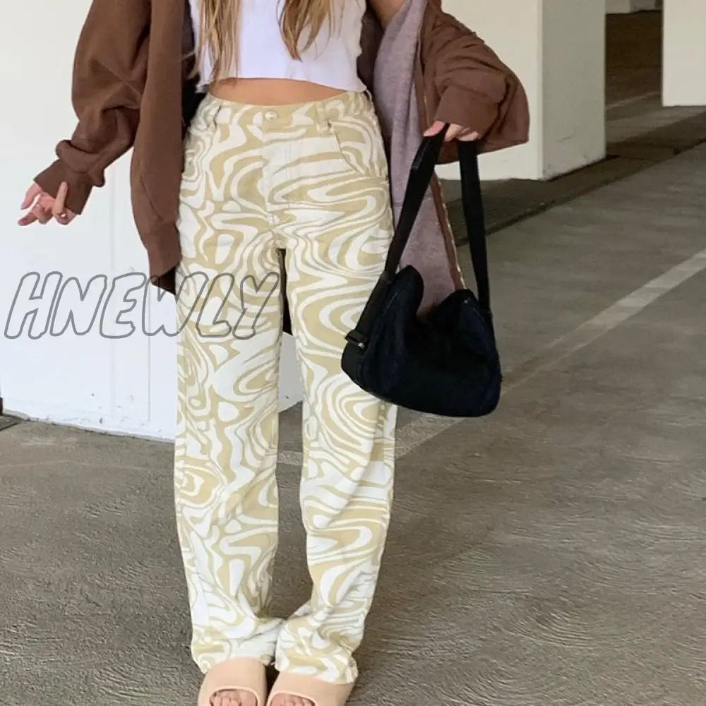 Hnewly Women’s Straight Leg Jeans Spring And Summer New Blue Animal Print Loose Street Casual