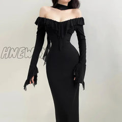 Hnewly Womenâs Street Style One Shoulder Long Sleeve Dress Mesh Ruffle Ribbon Spring New Black / S