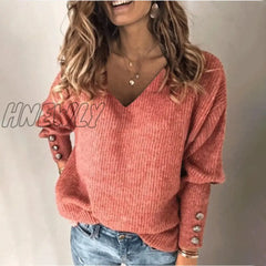 Hnewly Women’s Sweaters Autumn Winter Elegant Solid Color V-Neck Long Sleeve Pullover Tops Female