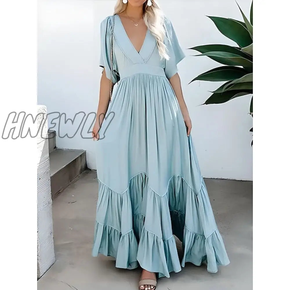 Hnewly Women’s Swing Dress Long Maxi Backless Patchwork Street Going Out Elegant V Neck Short