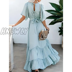 Hnewly Women’s Swing Dress Long Maxi Backless Patchwork Street Going Out Elegant V Neck Short