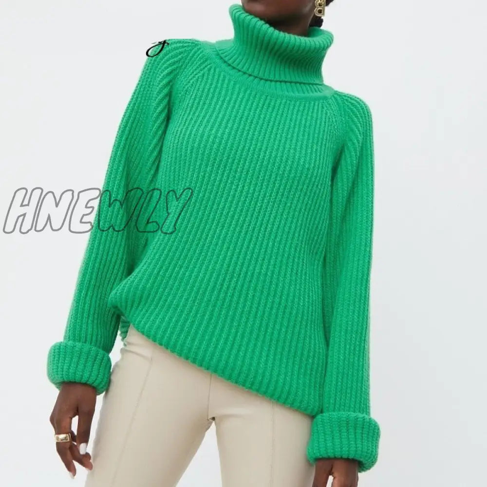 Hnewly Women’s Turtleneck Long Sleeve Sweater Knitted Green Casual Female Autumn Winter Jumper