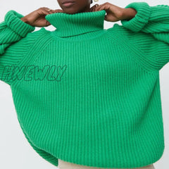 Hnewly Women’s Turtleneck Long Sleeve Sweater Knitted Green Casual Female Autumn Winter Jumper