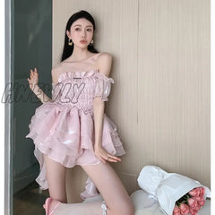 Hnewly Women’s Wear Chest Wrapping Dress Romantic Retro Girl Pink Princess Poached Puffy Skirt