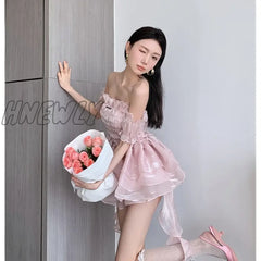 Hnewly Women’s Wear Chest Wrapping Dress Romantic Retro Girl Pink Princess Poached Puffy Skirt