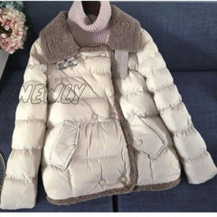 Hnewly Women’s Winter New Jacket Super Hot Splicing Long Sleeve Top White Coat Loose V-Neck Warm