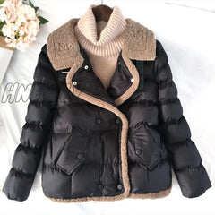 Hnewly Women’s Winter New Jacket Super Hot Splicing Long Sleeve Top White Coat Loose V-Neck Warm