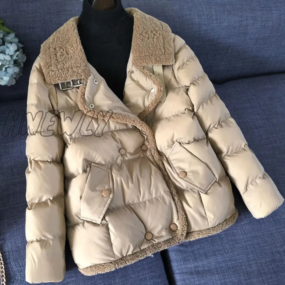 Hnewly Women’s Winter New Jacket Super Hot Splicing Long Sleeve Top White Coat Loose V-Neck Warm