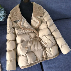 Hnewly Women’s Winter New Jacket Super Hot Splicing Long Sleeve Top White Coat Loose V-Neck Warm