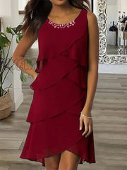 Hnewly Women‘s Work Dress Wedding Guest Chiffon Semi Formal Fashion Midi Ruffle Layered Crew Neck