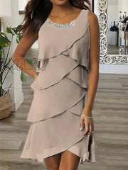 Hnewly Women‘s Work Dress Wedding Guest Chiffon Semi Formal Fashion Midi Ruffle Layered Crew Neck