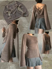Hnewly Womens Y2K Vintage Retro Tie Back Sweaters Flare Long Sleeve Boat Neck Solid Color Knit